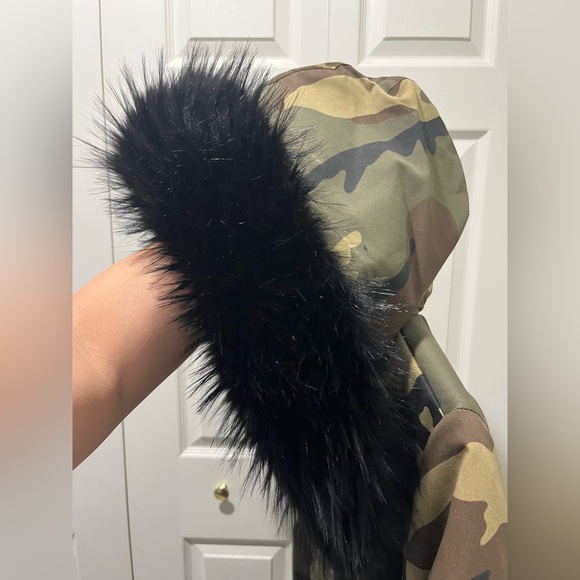Black Faux Fur Trim Hood Army Camouflage Coat - Picture 11 of 14